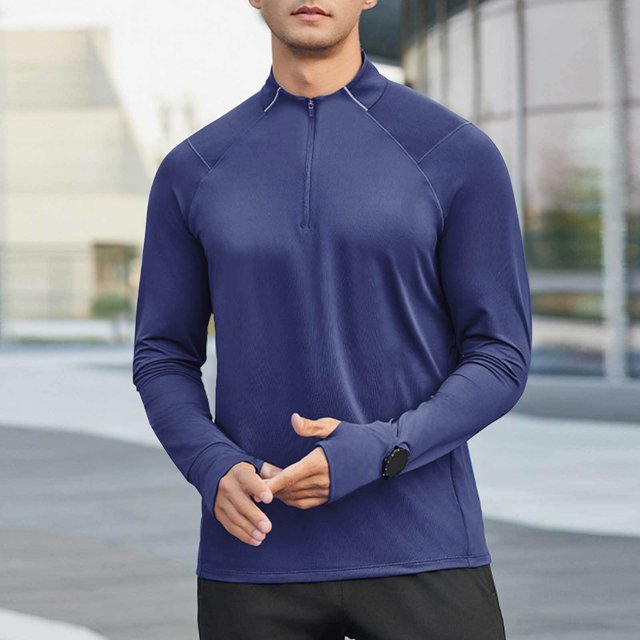 Blusa y camisa de manga larga con cuello alto para hombre, color liso, informal, deportiva, con cremallera, de poliéster.