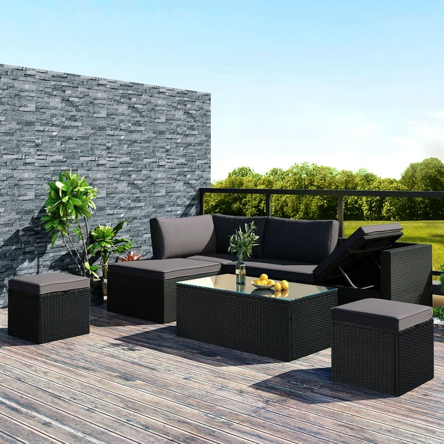 Patio Furniture Sets, Outdoor Sectional Sofa Set Wicker with Adjustable Seat Coffee Table and Ottoman, Outdoor Wicker Sofa Set for Backyard Porch Poolside Garden, Gray