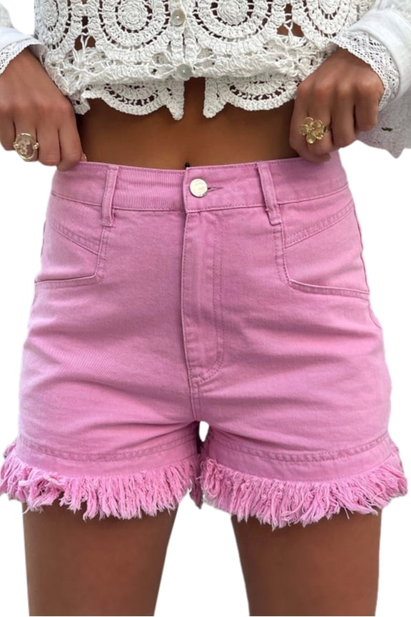Women's Pink Frayed Edge Mid Rise Denim Shorts - [ZhiHiMeRi] | 16