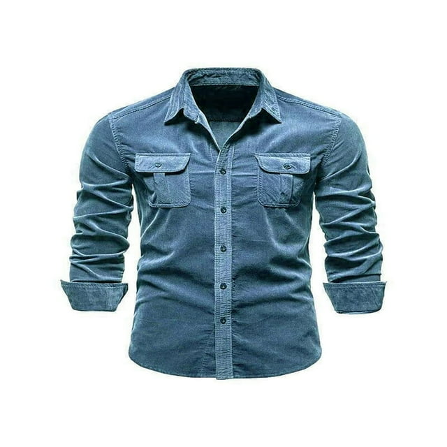 Men Button Down Shirts Cual Long Sleeve Lapel Collar Solid Color Slim Fit Corduroy Tops for Autumn