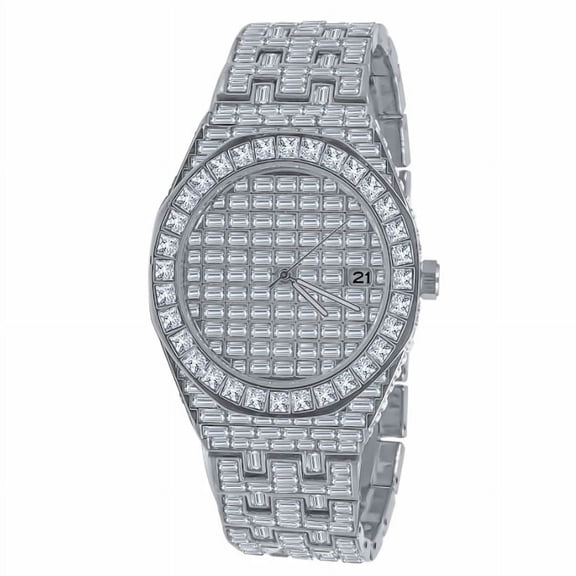 Baguette Fully Iced 18K  White Gold  W/White CZ Finish Simulated Diamond 5 ATM Water Resistant Solid Stainless Steel Back Mens Watch W/Date Function 42mm