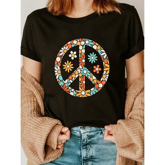 100% Cotton Peace Sign Hippie Flower Groovy 60s 70s Party Outfit T-Shirt