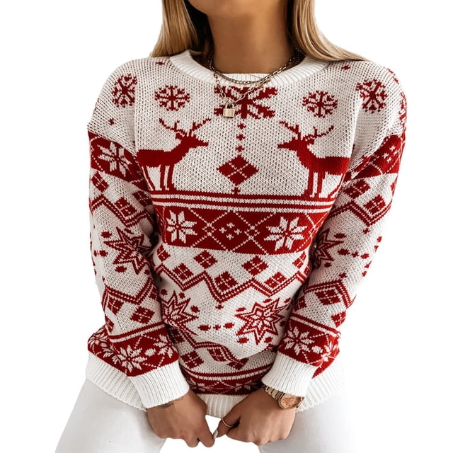 Chandails de Noël pour Femmes Col Rond Chandail Décontracté Manches Longues Tricoté Automne Hiver