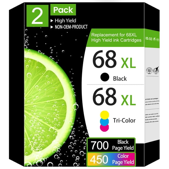 68XL 68e Ink Cartridges Black Color Combo Pack for HP 68XL Ink Cartridges for Ink HP 68 Black and Tri-Color Works Envy 6100e 6500e Series  2-Pack