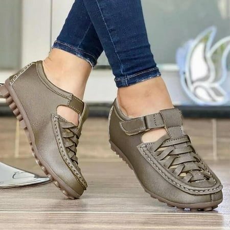 Aayomet Womens Shoes Casual Slip on Ladies Fashion Ssolid Color Leather Hollow Out Hook Loop Antiskid Flat Casual Shoes Gray 8.5