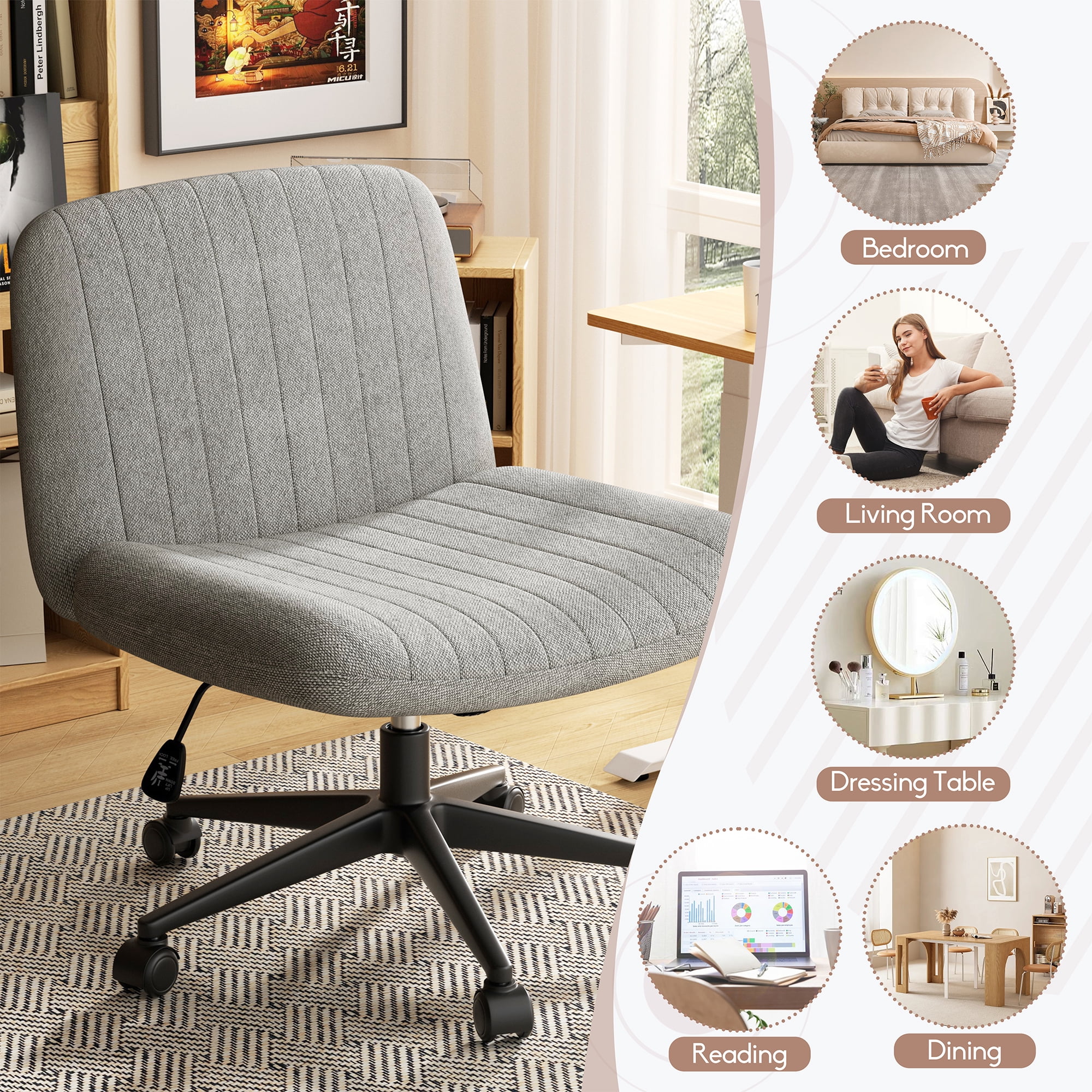Walsunny Armless Criss Cross Home Office Chair, Fabric Vanity Desk Chair with Wheels, Wide Seat Swivel Task Computer Chair, Gray