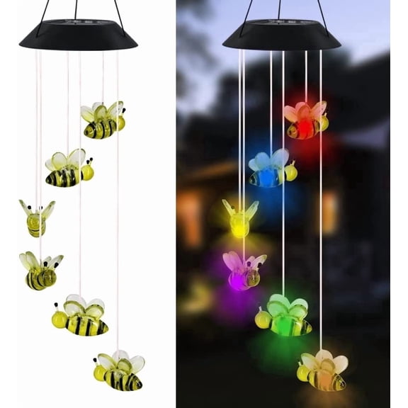 MorTime LED Solar Bee Wind Chime, 25" Mobile Hanging Wind Chime for Home Garden Decoration, Automatic Light Changing Color