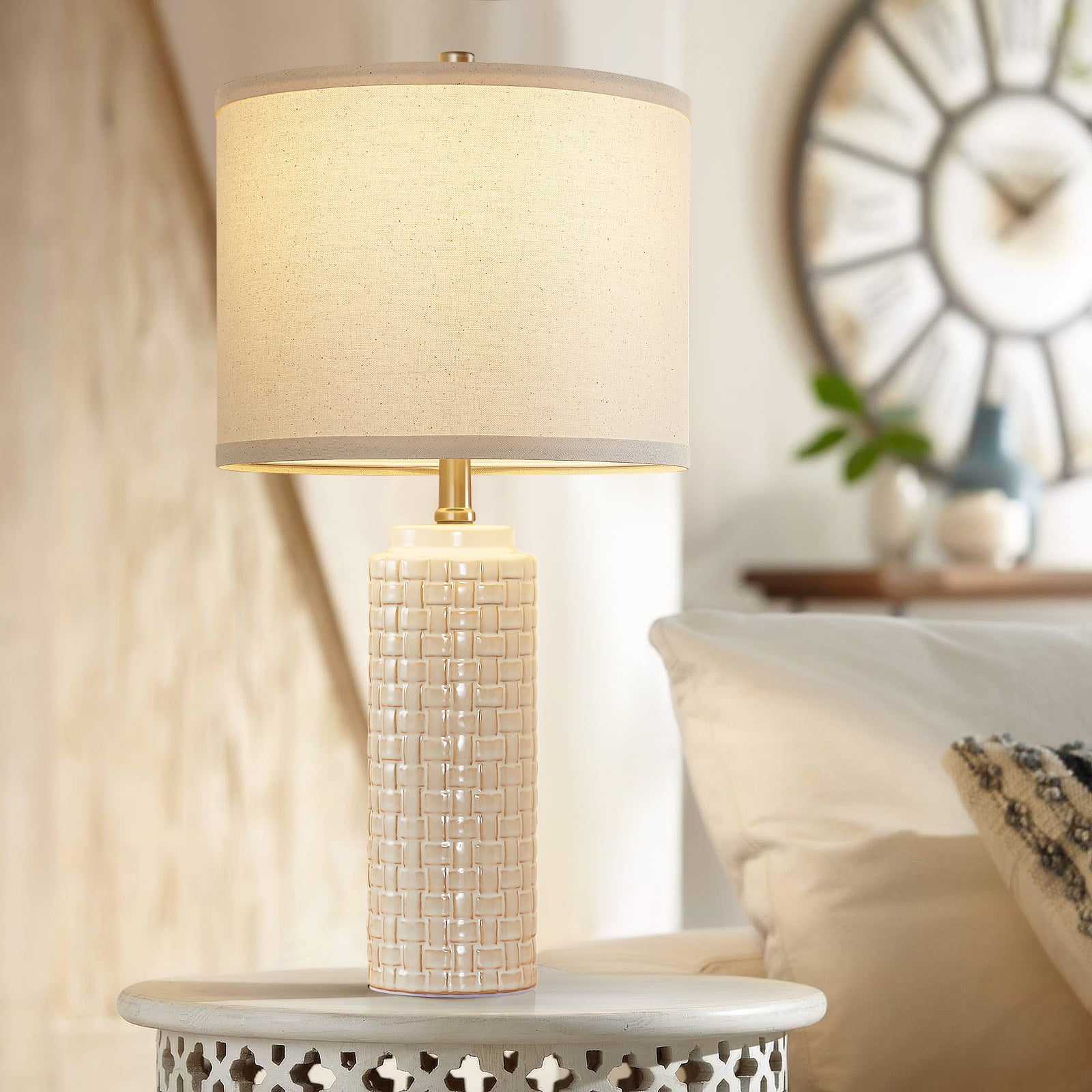 NATYSWAN 24.8" Modern Ceramic Bedside Lamp Set of 2, 3 Color Temperature Bulbs Included - Farmhouse Nightstand Lamps for Living Room Bedroom End Table Office Entryway, Off-White