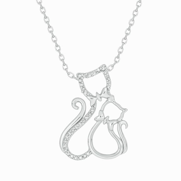 Cali Trove Diamond Double Cat Pendant Necklace 1/10 Ct in Sterling Silver Feline Charm Jewelry