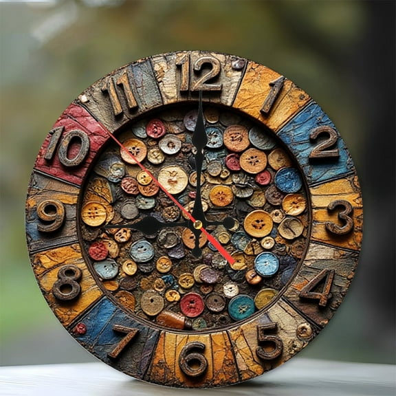 Vintage Button Clock Wall Decor Unique Home 10-Inch Silent Wooden Wall Clock, Battery Operated (AA Batteries Not Included), Artistic Home Decor