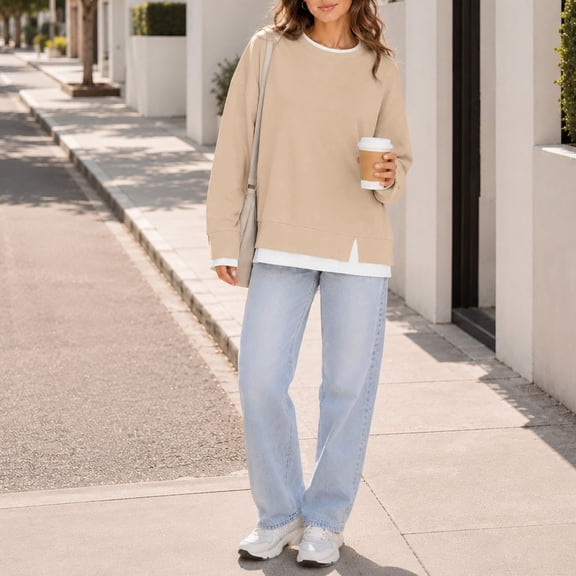 IUYRTFE Women's Relaxed Crew Neck Sweatshirt Long Sleeve Pullover with Contrast Trim Casual Layered Look Top