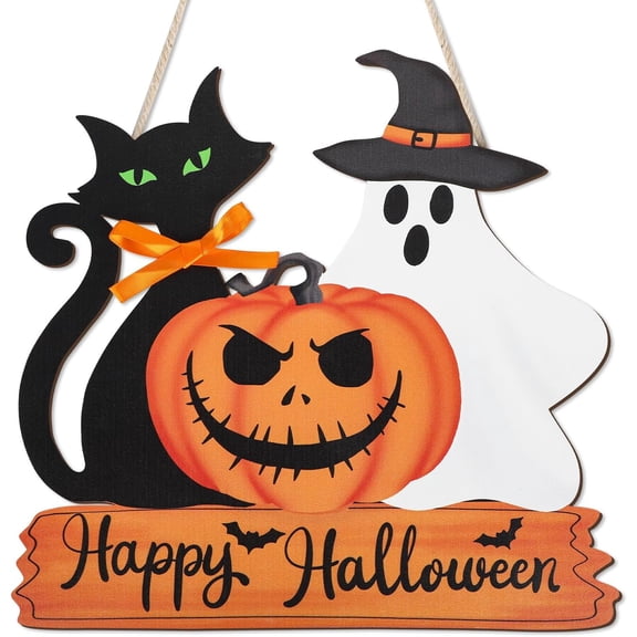 Lethargic Happy Halloween Door Sign Wooden Ghost Pumpkin Black Cat Door Wreath Halloween Hanging Decorations for Porch Wall Supplies, 11.8 x 0.2 in