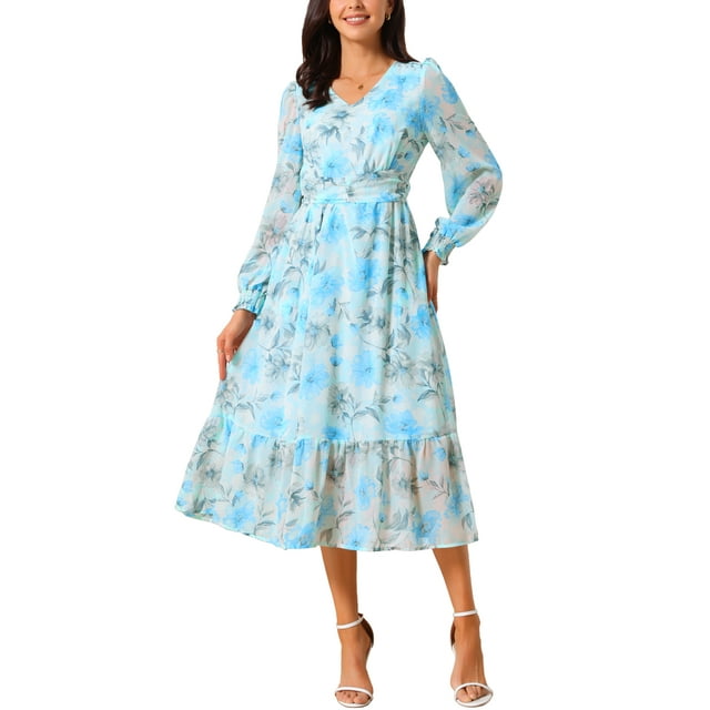 INSPIRE CHIC Vestidos de Chifón para Mujeres con Mangas Largas Semi Transparentes con Volantes y Capas, Vestido Bohemio Floral con Bolsillo Azul L