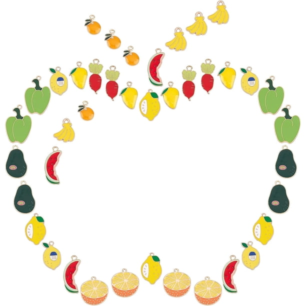 1 caja de 40 colgantes de aleación de frutas y verduras esmaltados, con forma de plátano, naranja, sandía, mango, pimiento verde y limón.