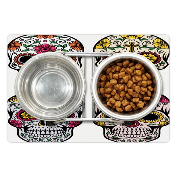 Day of the Dead Pet Mat for Food and Water, Dia de Los Muertos Celebration Skull Artwork Image, Non-Slip Rubber Mat for Dogs and Cats, 18" X 12", by Ambesonne