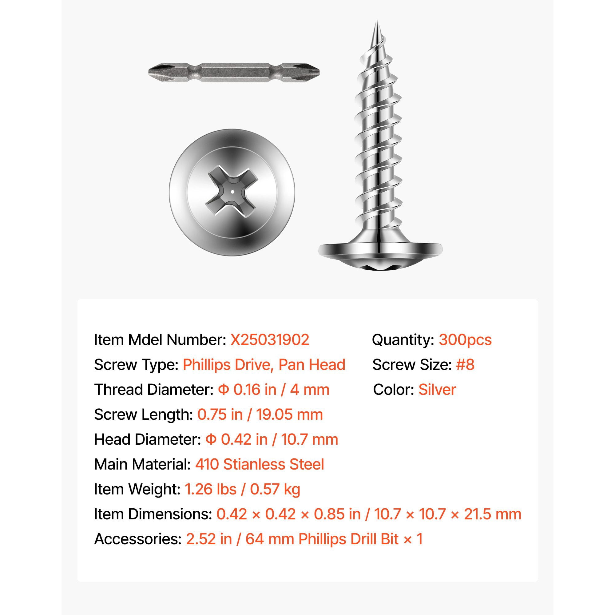 #8 x 3/4 inch self-drilling screws 300 pcs/box, stainless steel gypsum board wood screws, high hardness wall anchor set, with cross drill bit, household hardware tight