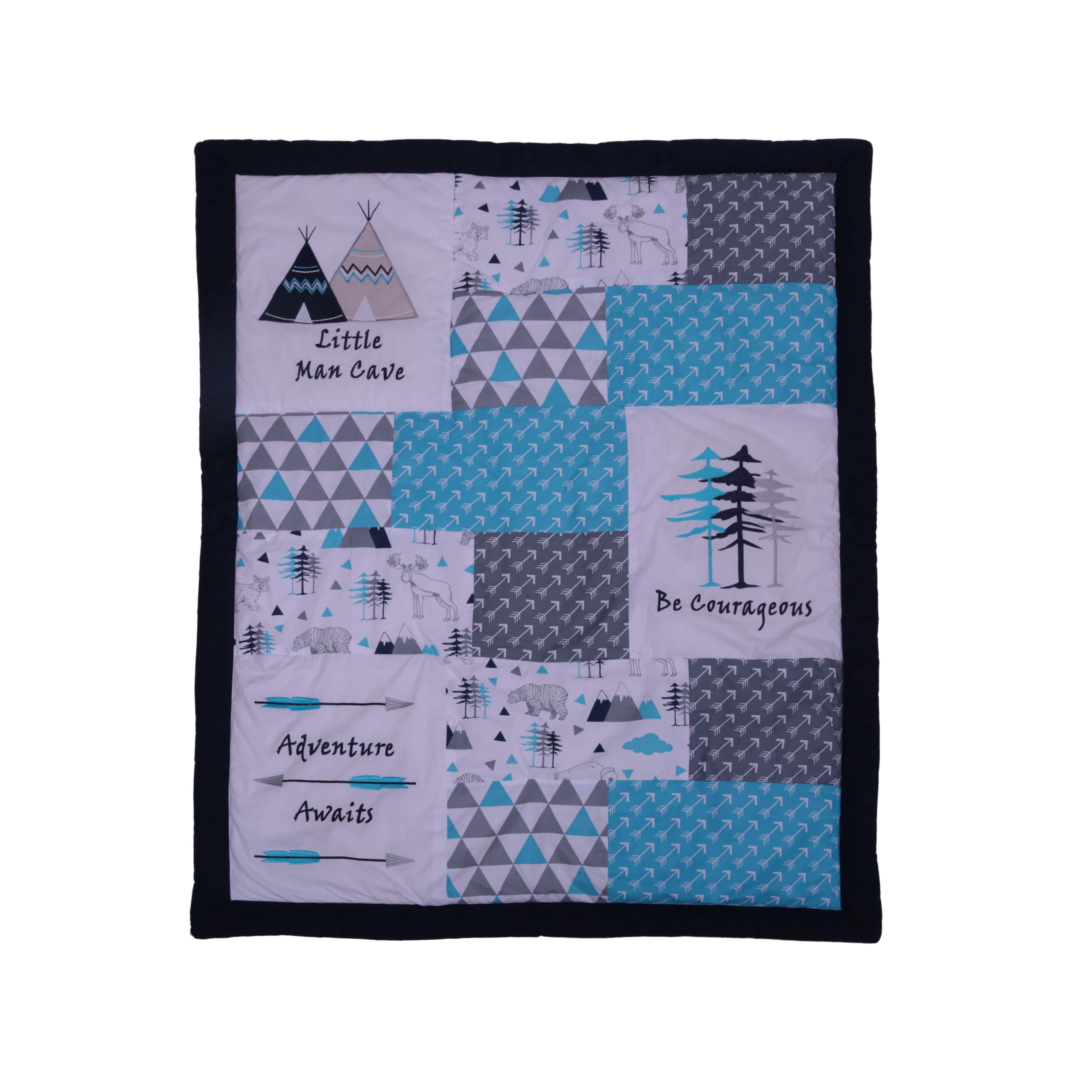 Bacati - Woodlands Aqua/Navy/Grey 4 pc Boys Cotton Crib set with Diaper Stacker, CC, CSK, DS. CFS