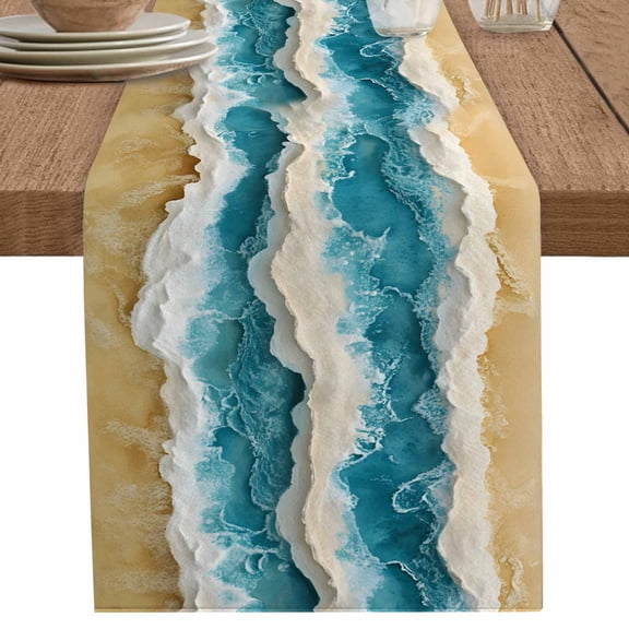 nqOlkjepod Teal Coastal Beach Table Runner 72 Inches Long Farmhouse Dress Scarves, Summer Ocean Waves Watercolor Dining Tablerunner for Coffee Table/Kitchen Island/Party Décor, 18" x 72"