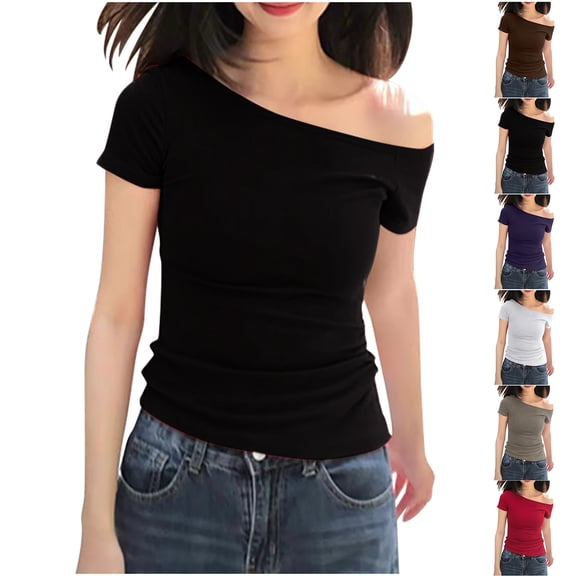 Ashirexll Short Sleeve Shirts for Women, Tops for Women Trendy, Loose Summer Solid Color Short Sleeve Off Shoulder Shirt