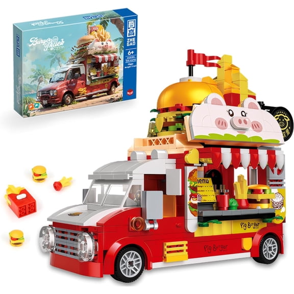 GOQI Piggy Burger Truck Mini Building Set, 566PCS Creative Fast Food Truck Playset City Car Toy, Gift for Teen Boys and Girls 14