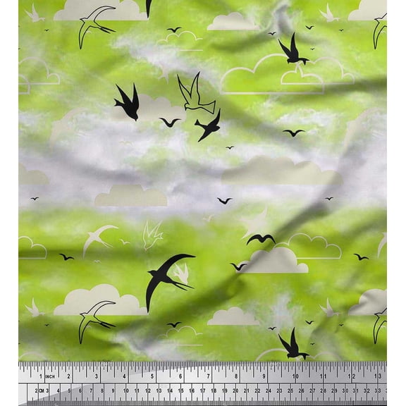 Soimoi Velvet Fabric Clouds & Flying Swift Bird Printed Fabric 1 Yard 58 Inch Wide