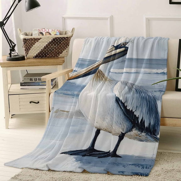 Fleece Blanket Coastal Beach White Pelican Blankets, Soft Cozy Warm Flannel Throw Blanket, Ocean Wave Seaside Bird Blanket for Bed Couch Sofa,40x50In
