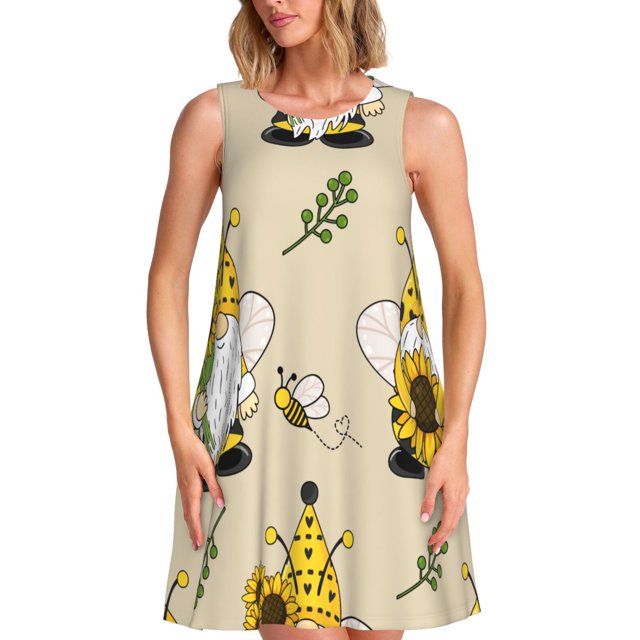 Easygdp Gnomes Bees And Sunflowers para Vestido Transpirable de Mujer, Vestido Suelto de Manga Corta con Pliegues y Bolsillos para el Verano
