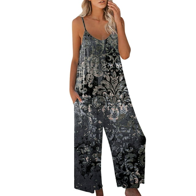 Mono sin mangas para mujer VISgogo con estampado floral, versión de pierna ancha, tirantes finos, ropa de verano VISgogo moda