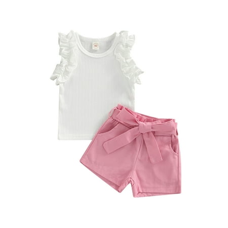 

Toddler Baby Girl Solid Color Summer Clothes Set Sleeveless Ribbed Vest Tops White T-Shirt and Pink Short Pants Outfits