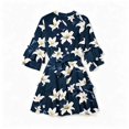 thumbnail image 5 of ClodeEU Women's Floral Print Round Neck 3/4 Bubble Sleeve Waist Tie Ruffle Mini Dress,Elegant Casual Swing Dress Navy,Women's Plus M, 5 of 5