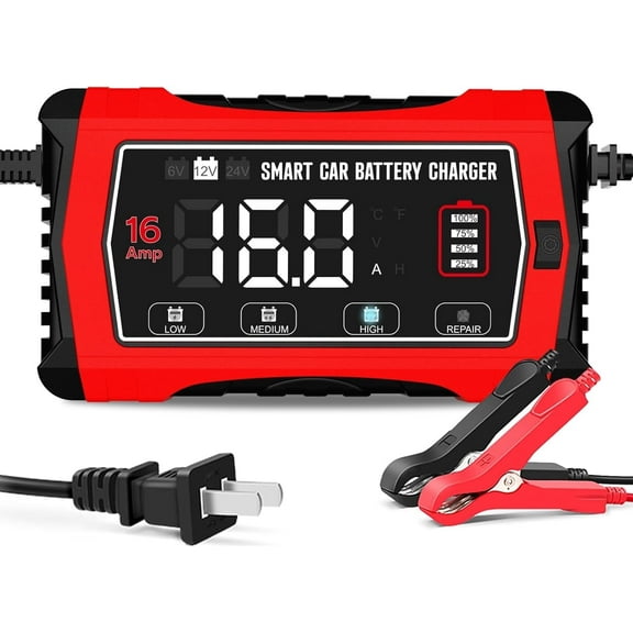 16 Amp Battery Charger, 6V 12V 24V Lithium LiFePO4 Lead Acid Smart Car Battery Charger, Automotive Maintainer Trickle Charger for Car, SUV, Motorcycle, Boat, Lawn Mower