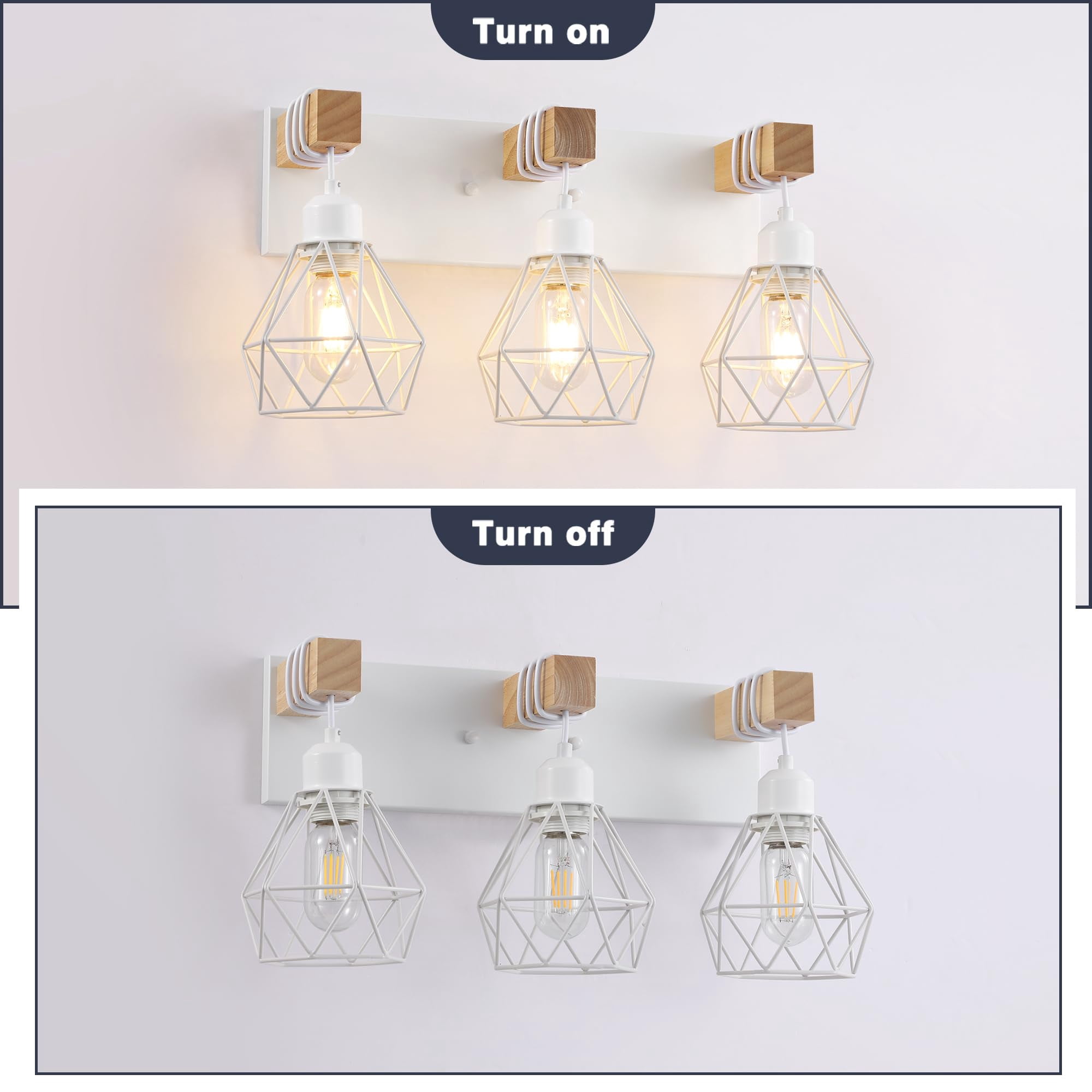 White Bathroom Vanity Light Fixtures  3-light Wood Over Mirror Rustic Sconces Wall Lighting With Elegant Metal Lampshade For Living Room Bedroom Hallway