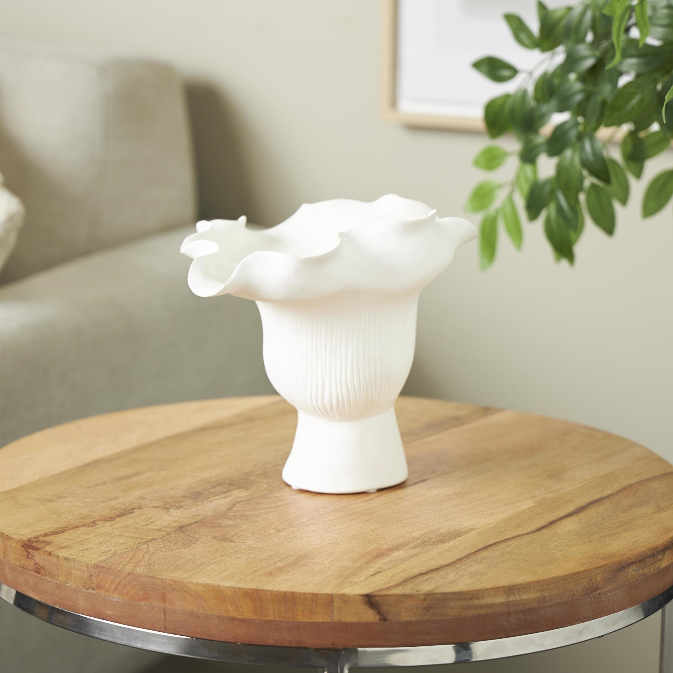 DecMode 8" Abstract Floral Inspired White Ceramic Vase with Wavy Folded Rim and Linear Grooves