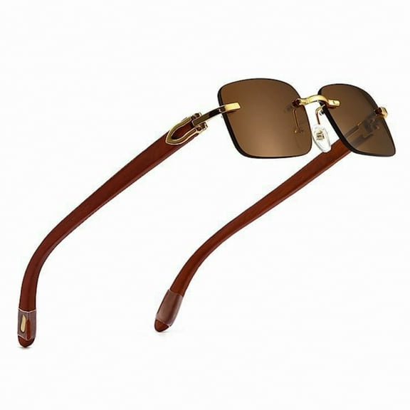 Retro Rimless Brown Tint Gold Frame Hip Hop Buffs Sunglasses Rectangle Men Women Frameless 90’s Shades Woodgrain Arm Frameless Square Unisex Summer Sun Glasses