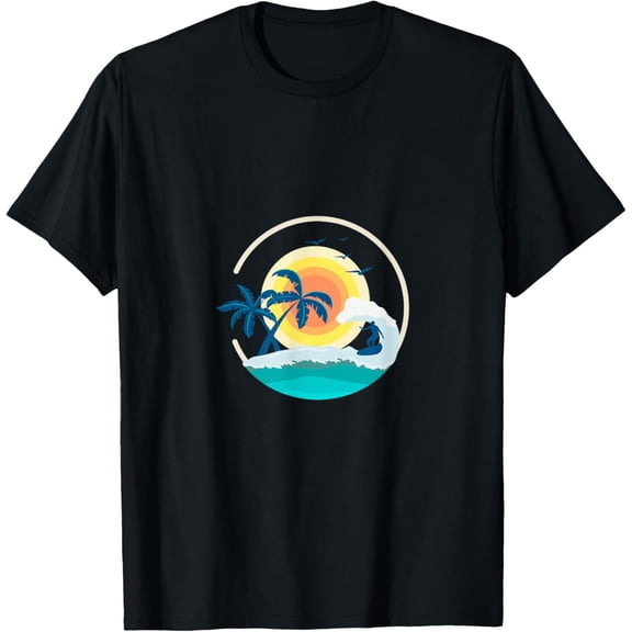 Surf T-Shirt Beach Vacation Tshirt Palm Tree Sun Seagull Tee men and women can wear, black, white, gifts