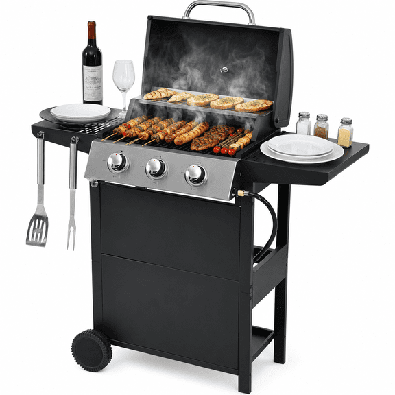 HighSound 3 Burner BBQ Propane Gas Grill, Stainless Steel 25650 BTU Patio Garden Barbecue Grill with Wire Enamel Cooking Grids & Shelves, Black