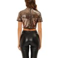 thumbnail image 3 of INSPIRE CHIC Women's Full glitter sequin Stand Collar Short Sleeves Cropped Blouse, 3 of 6
