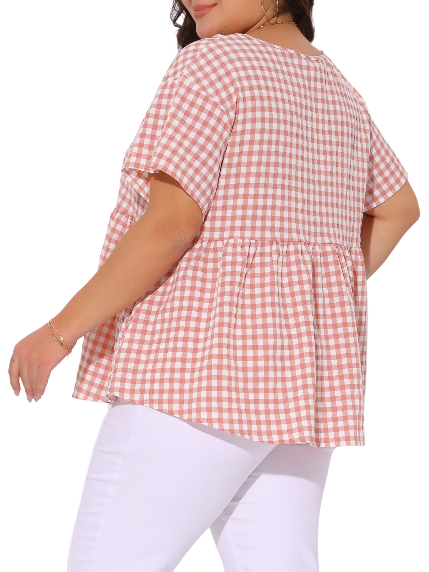 Women's Plus Gingham Tops Plaid Short Sleeve V Neck Summer Babydoll Top 2X Pink