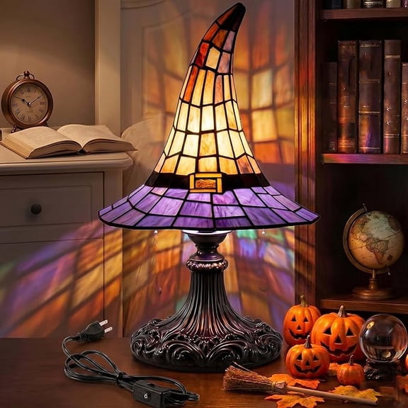 Stained Glass Witch Hat Lamp - Handcrafted Retro Resin Witch Lamp, USB Powered Gothic Wizard Hats Night Light, Magical Home & Halloween Decor Accent Lamps for Bedroom & 1shelf