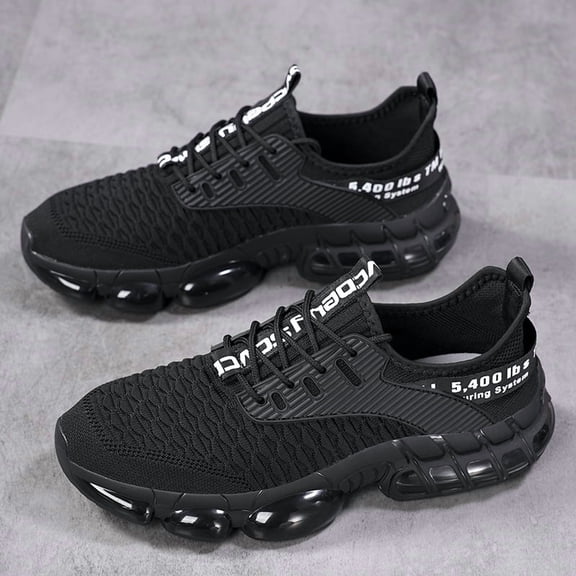 Men's All Black Woven Knit Lace Up Running Sneakers, Air Cushion Shock Absorbing Breathable Athletic Walking Shoes