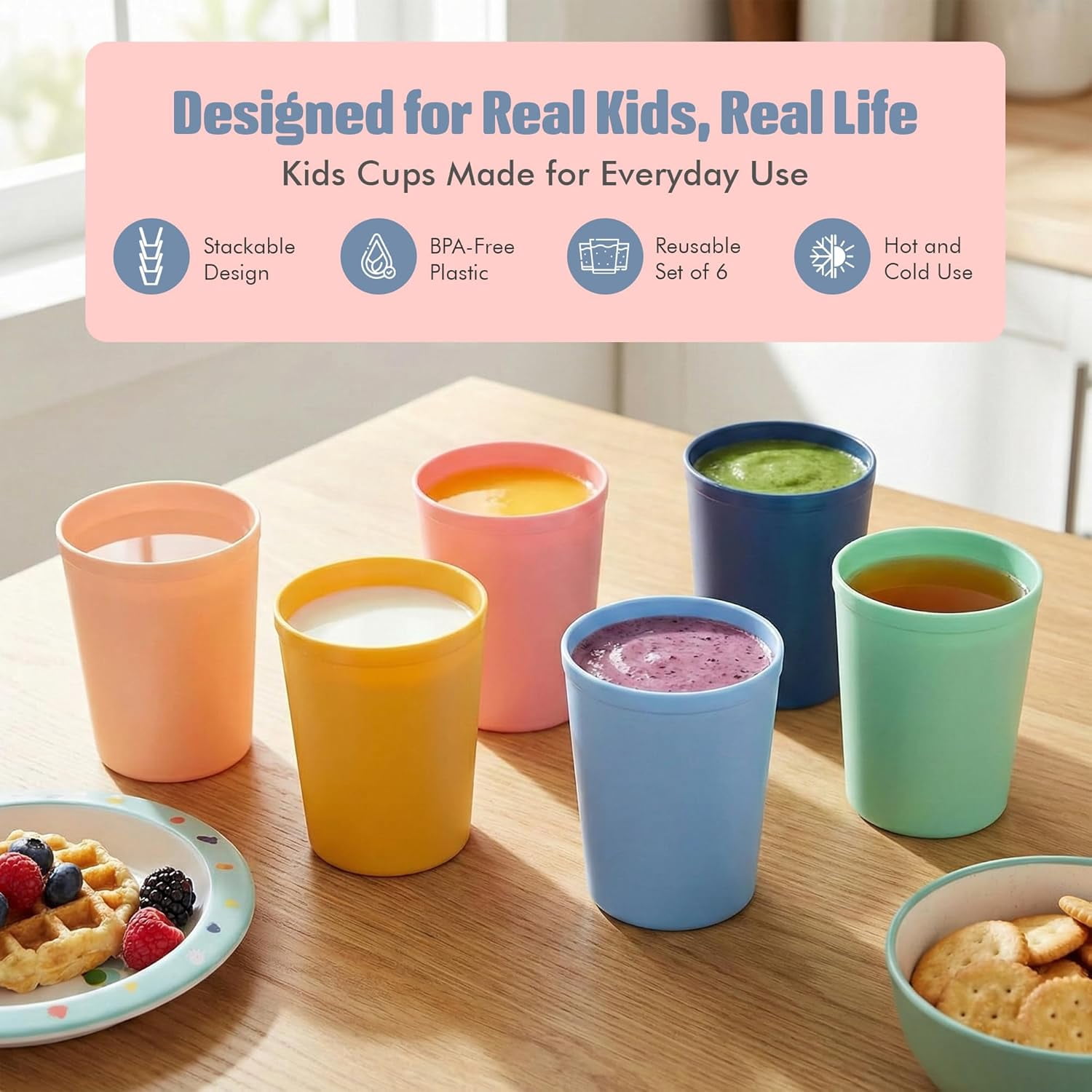 6 Pcs. Small Reusable Cups –8 oz Unbreakable Drinking Glasses -Toddler Cups for Water, Juice, Milk–BPA Free Stackable Tumblers Plastic Cup set for Kitchen, Picnics, Parties- Kid-Friendly