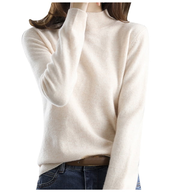 Gibobby SuéTer Mujer Invierno Nuevo suéter de punto de medio cuello para mujer, suéter corto de otoño e invierno, suéter suelto de Color sólido(Beige,XG)