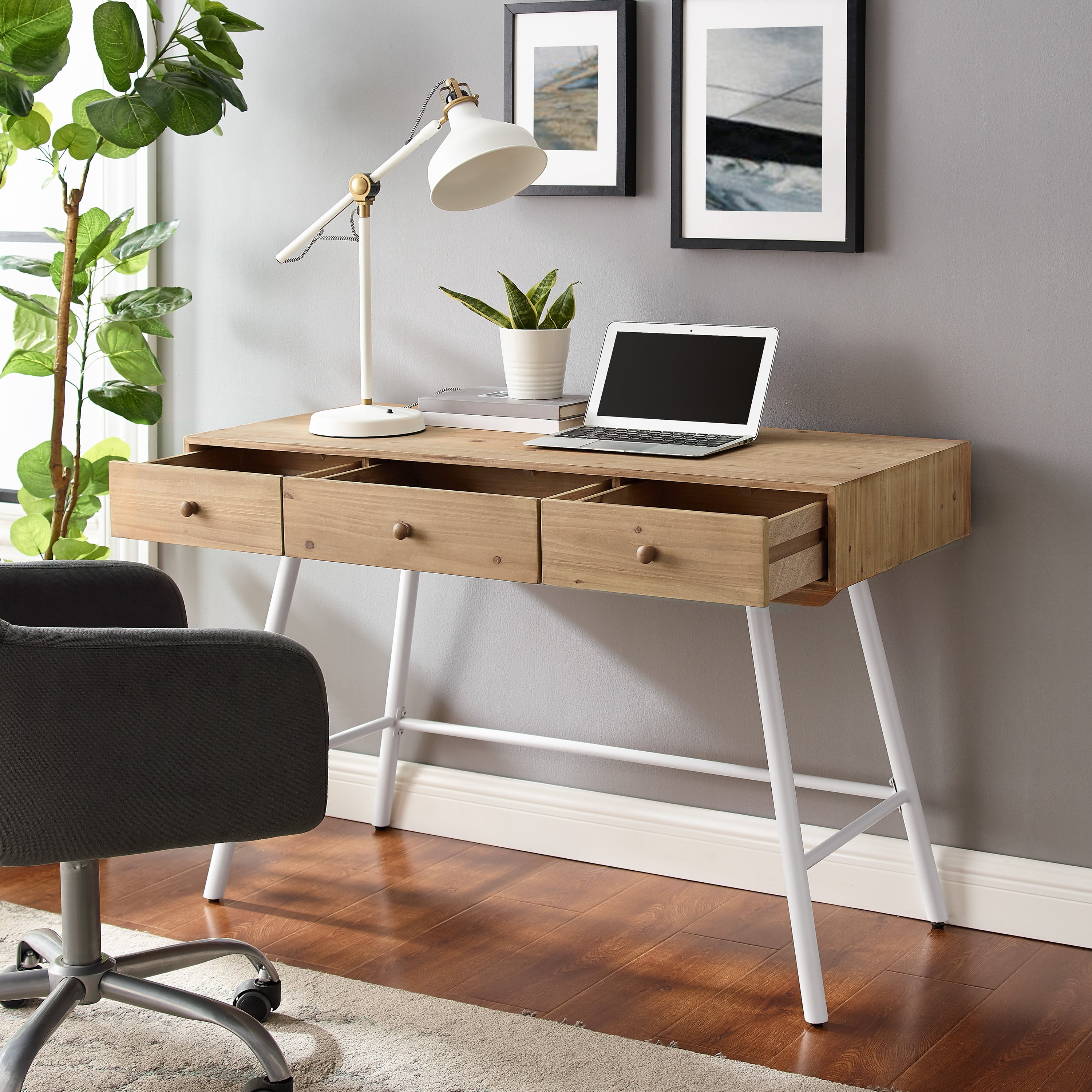 Linon Kessinger 44" Writing Desk with 3 Drawers, Natural and White