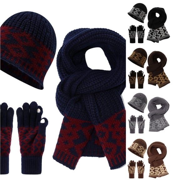 XIAOCHA Men's ed Beanie Hat Nordic Geo Print Outdoor Hiking Scarf Flip‑Tip Gloves Fall Winter Handwear,Navy
