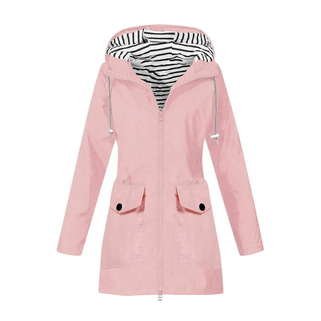 WRKEKC Women's Lightweight Waterproof Rain Jacket Hooded Windproof Outdoor Coat with Pockets Solid Color