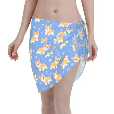 Qekee Kawaii Corgi Women s Short Sarongs Cover Ups Sheer Bikini Wraps for Swimwear