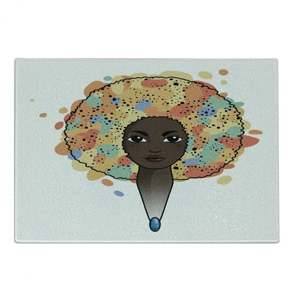Funky Cutting Board, Portrait of a Woman with Luxuriant Hair in the Style of an Colorful Print, Decorative Tempered Glass Cutting and Serving Board, Small Size, Multicolor, by Ambesonne