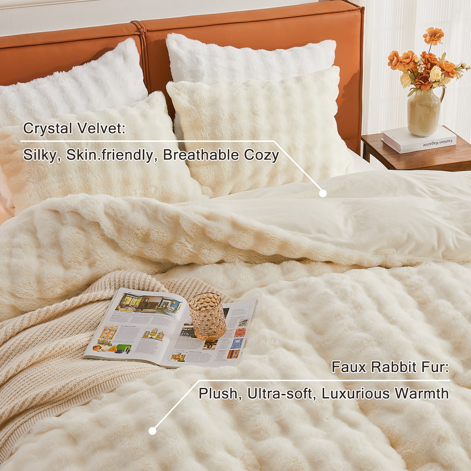 EMME Faux Fur Duvet Cover Twin-XL Size, 2 Pieces Ultra Soft Fluffy Comforter Cover, Cozy Warm for Winter, Luxury Shaggy Bubble Bedding Sets , 1 Duvet Cover & 1 Pillow Shams (Twin-XL,Cream White)