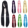 thumbnail image 2 of Xiao Hua Pelucas naturales largas y lisas de 99 cm con flequillo, resistentes al calor, sintéticas, coloridas, para cosplay, disfraces de anime, fiestas, uso diario, para mujer, color azul oscuro., 2 of 2