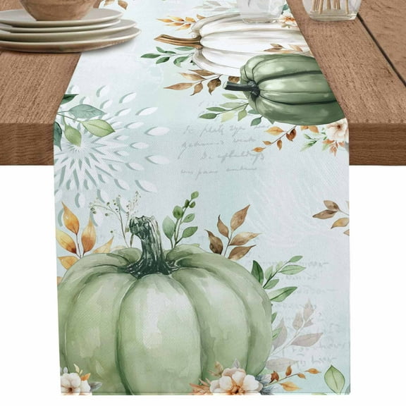 Autumn Pumpkin Table Runner 108 Inches Long for Dining Table Decor,Sage Green Thanksgiving Eucalyptus Leaves Burlap Linen Farmhouse Table Runner Coffee Table Runners Dresser for Kitchen Party Holiday